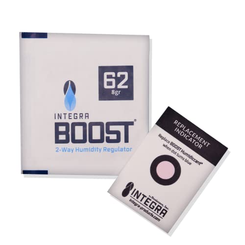 (EUR 181,12/1 Kg) Integra Boost 62% - 10 x 8g Feuchtigkeitsregler I 2-Wege Luftbefeuchter mit Indikatoranzeige - Verbessern Luftqualität mit Luftbefeuchter Pflanzen - Befeuchtungsset-Okaei Hülle