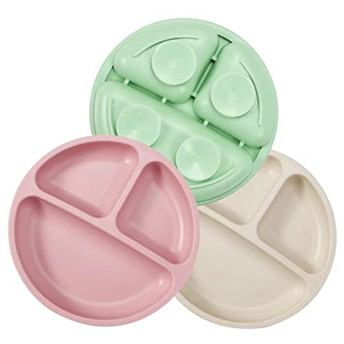 Image of PandaEar 3 Pack Divided Unbreakable Silicone Baby and Toddler Plates - Non-Slip - Dishwasher and Microwave Safe - Silicone (Pink Green Light Tan)