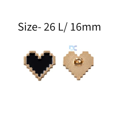 Image of Pack of 6 Heart Shaped Stylish Buttons Diameter 16 mm,(26 L) Black Color with Golden Edges for Sewing On Shirts Blazers for Women and Art and Craft