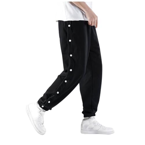 Mens Tear Basketball Pants Casual High Split Snap Button Knee/Leg Post- Sweatpants with Pockets