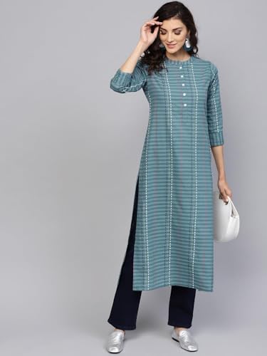Image of Gerua Striped Cotton Straight Kurta Grey