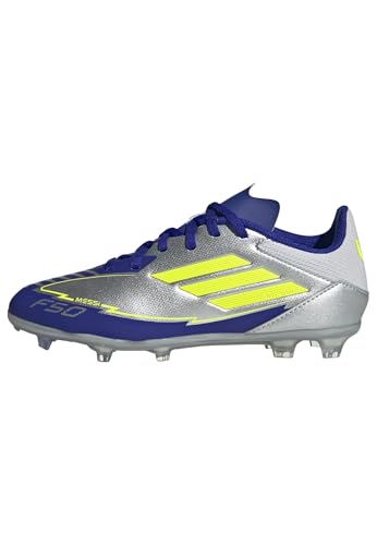 Adidas Unisex-Kids F50 League Messi Firm Ground/Multi Ground Soccer, Silver Metallic/Solar Yellow/Lucid Blue, 4