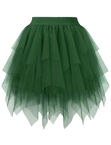 Hanpceirs Damen Tüll Röcke Layered Puffy Fee Röcke A-Linie Mini Rock Unregelmäßiger tüllrock Karneval Kostüm Dunkelgrün XL