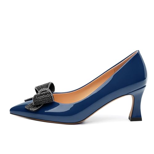 Image of Heels for Women Closed Patent Pointed Toe Bow Pumps Slip on Kitten Low Heels Wedding Party Dress Office Shoes 2.5Inch