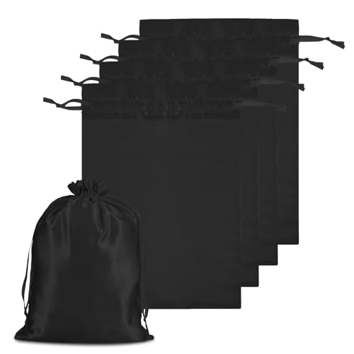 Shimmeroo 4Pcs Wig Storage Bags Silk Bags with Drawstring Small Storage Satin Bag for Wigs Bundles Hair Extension(Black)