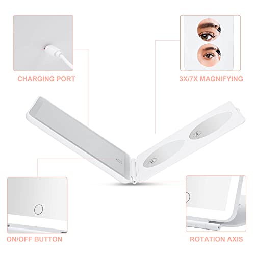Led Foldable Travel Makeup Mirror - 5X7 Inches 3 Colors Light 3X 5X Magnifier Modes Usb Rechargeable Touch Screen, Portable Tabletop Cosmetic Mirror For Travel, Cosmetic, Office(White) #TOP4