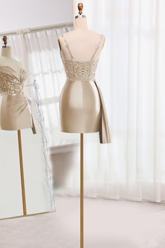 Lace Appliques Satin Homecoming Dresses Tight Beads V Neck Short Porm Dress3