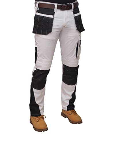 HASHOOB Mens Work Trousers Painters Decorators White Cargo Combat Pants (GRN-WHITE3, 32W X 32L)