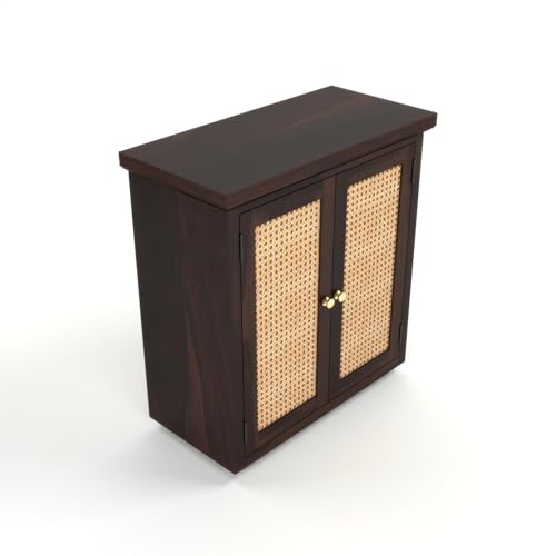 Image of Solid Sheesham Wood Sideboard Cabinet for Living Room | Wooden Storage Cabinet with 2 Cane Doors & Shelf | Modern Rattan Design Sideboard for Home (Walnut Finish)