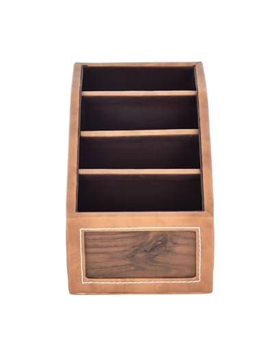 Image of Premsons Classic Remote Holder - 4 Section Tabletop Organizer in Light Brown | Faux Leather with Refined Wooden Finish | Decorative & Practical Organizer - Tan