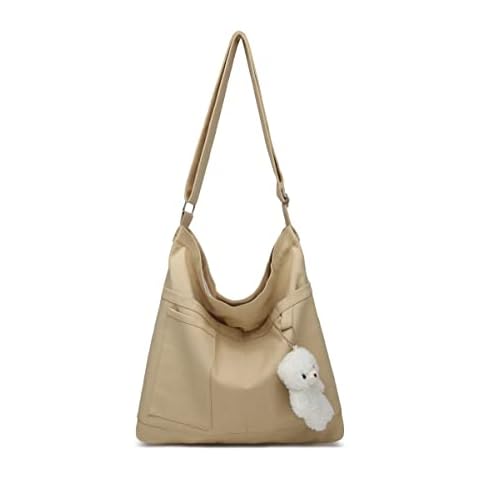 Covelin Womens Canvas Bag with Bear Pendant Crossbody Purse Top Zip Shoulder Handbag Light Khaki Cover