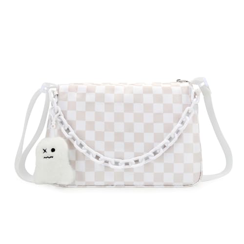 DOB SECHS Checkered Crossbody Bag for Women Nylon Cute Messenger Purse Hobo Bag Spacious Checkerboard Handbag Wallet Cross Body Belt Sling Bags for Travel with Ghost Pendent, Adjustable Strap, White