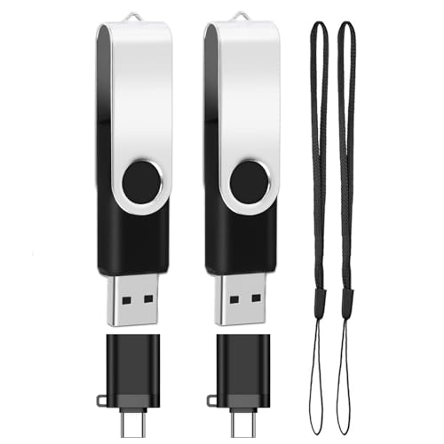 Image of 2-Packs of 32GB USB2.0 Flash Drive with 2 Type-C Adapters (Black) | High Speed 360 Metal Thumb Drives 32GB USB Stick for Storage Data