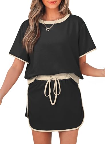 Women's 2 Piece Sets Summer Casual Short Sleeve Tops and Matching Drawstring Skort Going Out Lounge Outfits