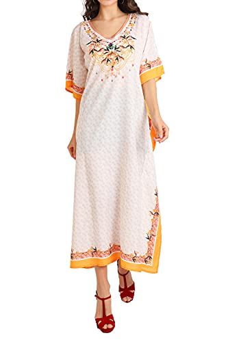 Image of Miss Lavish London Kaftan Dresses for Women Plus Size Long Batwing Sleeve Caftans, V Neck Moo Moo Printed Beach Cover Up Maxi Beach Dress, Bathing Suit Cover-Up Loungewear