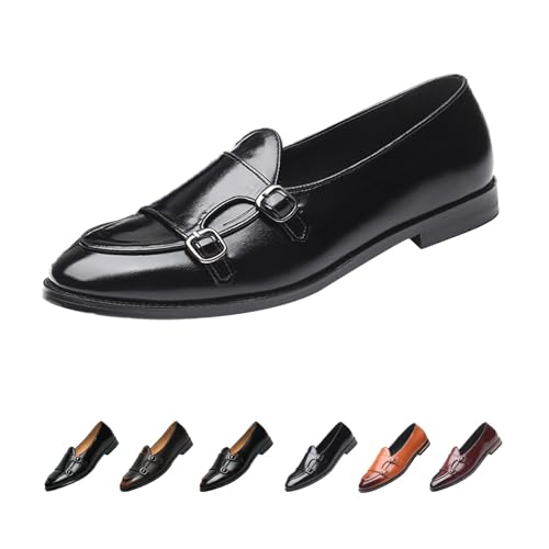Men's Slip-on Dress Oxford Shoes,Pointed-Toe Low-top Double Monk Strap Black Patent Leather Business Casual Singles