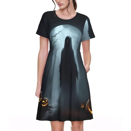 Robe d'été imprimé fantôme Halloween pour femme à manches courtes