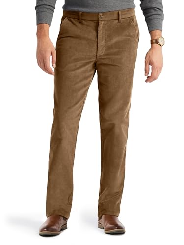 PLEPAN Men's Corduroy Pants - Casual Classic Fit Stretch Elastic Waist Dress Pants Coffee Large