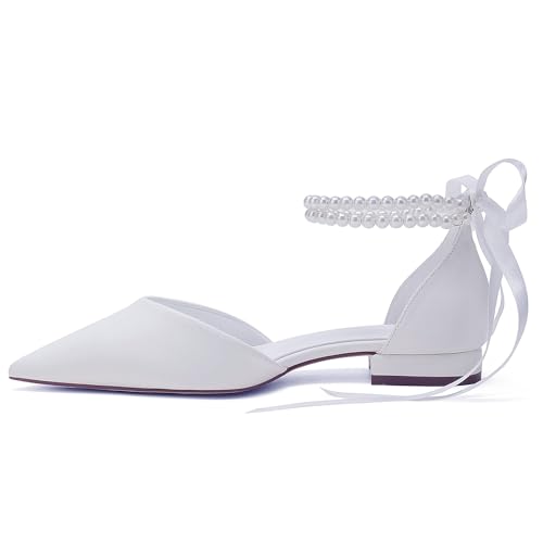 Closed Toe Pearl Wedding Flats Shoes for Bride with Bow Pointed Toe Bridal Flats Evening Prom Party Dress Shoes Pumps for Women3