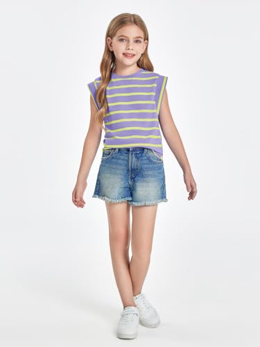 Image of Haloumoning Girls Cap Sleeve T Shirts Summer Striped Tank Tops Tees 4-14 Years