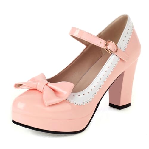 Image of FOREADA Lolita Bow Platform High Heel Women Rockabilly Mary Jane Dress Pump | Boasts soft kawaii retro vintage lolita tea party aesthetic, with block heel ,bow, round toe versatile style for dress wear