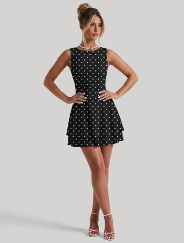 Image of IWD Women's Boat Neck Sleeveless Mini Dress Ruched Waist Flowy Tiered Ruffle Hem A Line Party Short Dresses