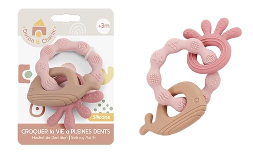 DORON & CHARLIE - Anillo de dentición - Accesorio de puericultura - 056344 - Rosa - Silicona - Animales marinos - Juguete para bebé - 1ª edad - 13 cm x 8 cm - A partir de 3 meses