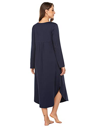 Ekouaer Women's Sleepwear Long Sleeve Long Nightshirts V Neck Casual Sleepshirts Plus Size(Navy, X-Large)