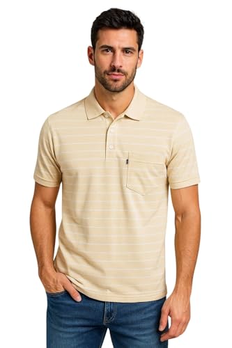 Image of WILD ELEPHANT Men Striped Polo T-Shirt | Cotton Short Sleeve Polo Neck with Button | Chest Pocket Casual Wear