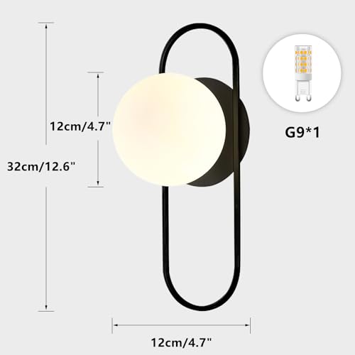 Image of Black Glass Globe Wall Sconce Set of Two Frosted Globe Wall Light Mid Century Modern Wall Sconce Oval Wall Lamp for Bedroom Bedside Bathroom