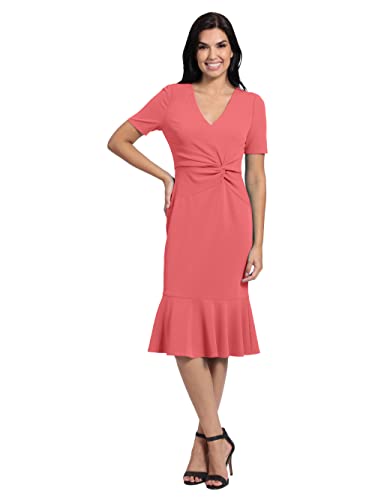 Image of London Times Women's V-Neck Dress - Flounce Hem, Twist Waist, Elegant Office & Event Wear