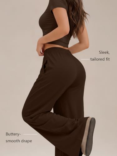 Image of Trendy Queen 2 Piece Matching Summer Lounge Set Womens Side Ruching Top Wide Leg Pants Sets with Pockets