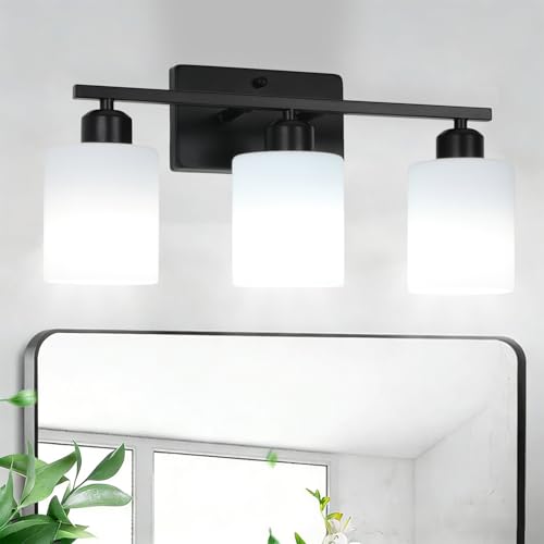 Image of 3-Light Bathroom Vanity Light Fixtures, Black Modern Vanity Light Over Mirror, Modern Wall Light with Milky White Frosted Glass Shade for Bathroom Bedroom Living Room Kitchen Hallway