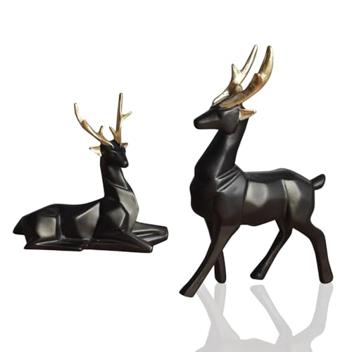 Image of Decorative Resin Deer Figurines, Resin, 25 cm Height, Set of 2, Standing and Sitting Deer Statues Geometric Showpiece for Home Decor | Housewarming Gift (Black)