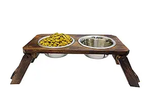DOG BOSS Wooden Dog Bowls Stand with 2 Stainless Steel Bowl for Water and Food for Dogs. 1600ml x 2 pet Bowls.