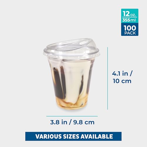Image of Freshware Clear Plastic Cups with Strawless Sip Lids [100 Cups - 12 oz] Disposable Cup for Iced Coffee, Smoothie, Milkshake, Cold Drinks