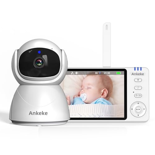 AnKeKe 720P Smart Video Baby Monitor with Camera and Audio 5.0-inch LCD Display, Two-Way Audio, Night Vision, Sound and Temperature, Feeding Alarm 8 Lullabies, 355° Rotation, 2.4G Wireless No WiFi