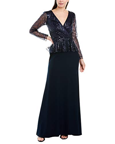 Tadashi Shoji Women's l/s Gown w/Sequin lace Peplum Bodice and Crepe Skirt, Navy, 14