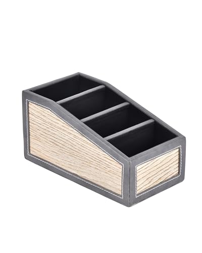 Image of Premsons Classic Remote Holder - 4 Section Tabletop Organizer in Light Brown | Faux Leather with Refined Wooden Finish | Decorative & Practical Organizer - Grey