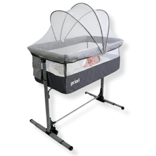 Priori Baby Turin Cuna Colecho 3 en 1 para Bebé – Plegable con Altura Ajustable, Base Mecedora, Mosquitera, Ruedas con Freno, Bolsa de Transporte y Correa de Cama, 0-9 Meses hasta 10 kg