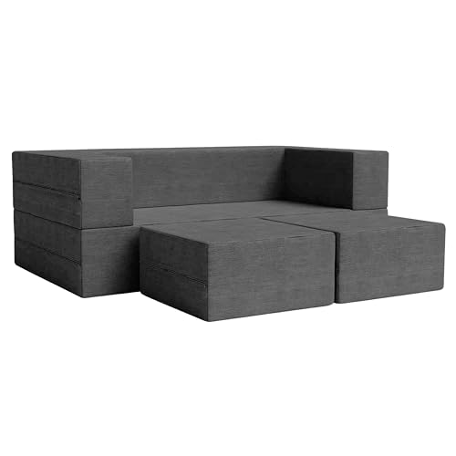 Image of Rosebell | 5x6 Feet C-Type Sofa Cum Bed | Jute Fabric with Washable Cover | Foldable Sofa Two Seater with Pouffe for Living Room & Office | Grey