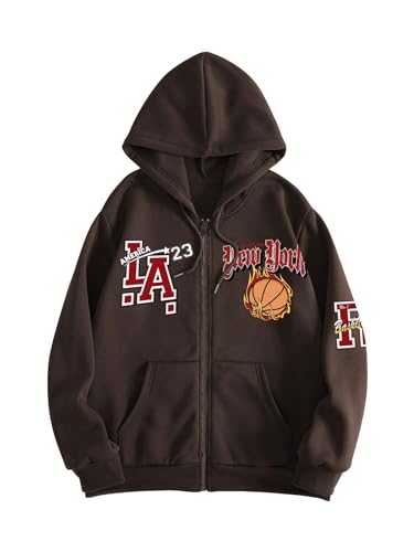 WDIRARA Men's Letter Print Zip Up Drawstring Hoodie Drop Shoulder Long Sleeve Pullover Hooded Sweatshirts with Pocket