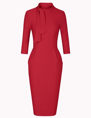 Image of MUXXN Women's Midi Pencil 1950s Vintage Cocktail 3 /4 Sleeve Tie Neck Bodycon Mid-Calf Dress with Pockets
