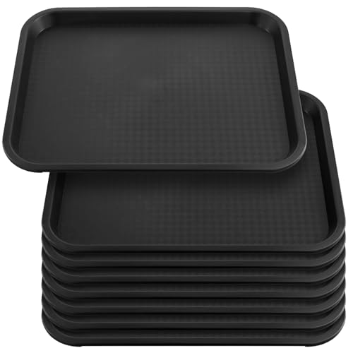 HEIYUET Lot de 8 plateaux rectangulaires en plastique - 35 x 27 cm - Noir - Plateau de service antidérapant pour cafétéria, café, restaurants