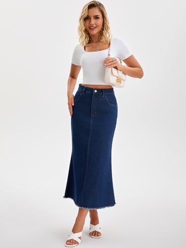 Women Denim Skirt Maxi A Line High Waisted Raw Hem Casual Jean Skirt3