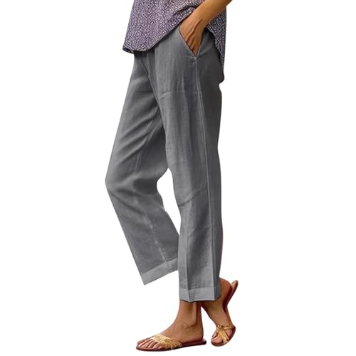 Cropped Linen Pants Women Summer Elastic Waist Straight Leg Plus Size Crop Pants Casual Beach Trousers with Pockets