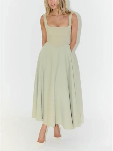 AKAILY Sommerkleid Damen Sommerkleider Quadrathals Hals Einfaches Kleid Casual Slim Midi Kleid-hellgrün-l