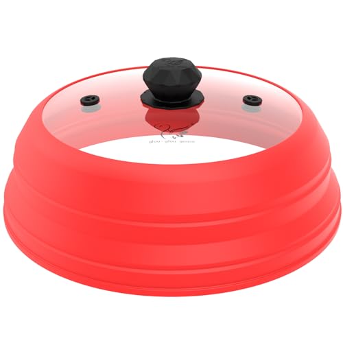Image of Microwave Splatter Cover Vented Glass Splatter Guard Lid with Collapsible Silicone for Food as Pot Cover Plate 10.8 inch for 6 7 8 9 10 inch Plate Bowl Red