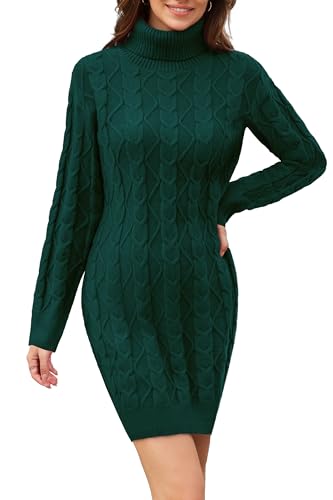 VOTEPRETTY Strickkleid Damen Winter Herbst Kleider Rollkragen Winterkleid Langarm Herbstkleider Christmas Pulloverkleid Grüner,S