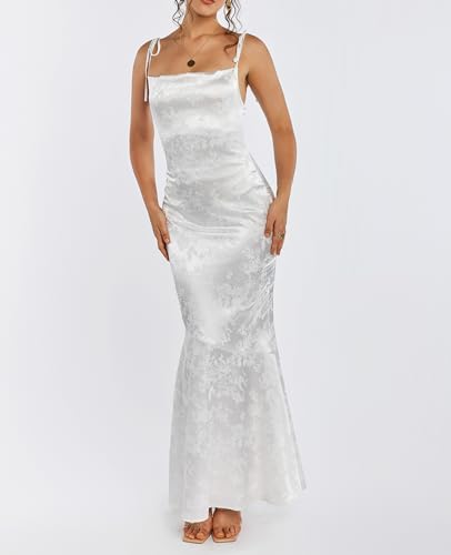 GLNEGE Damen Satin Bodycon Maxikleid Elegant Formell Spaghettiträger Wasserfallausschnitt Abend Party Kleider – Bild 6